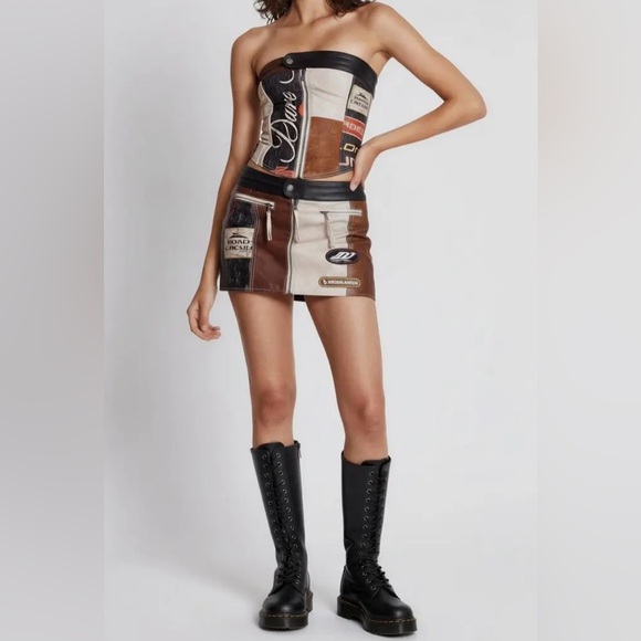 Patchwork Racing Leather Skirt Set with Logos - Brown, Black, Cream - Picture 4 of 4
